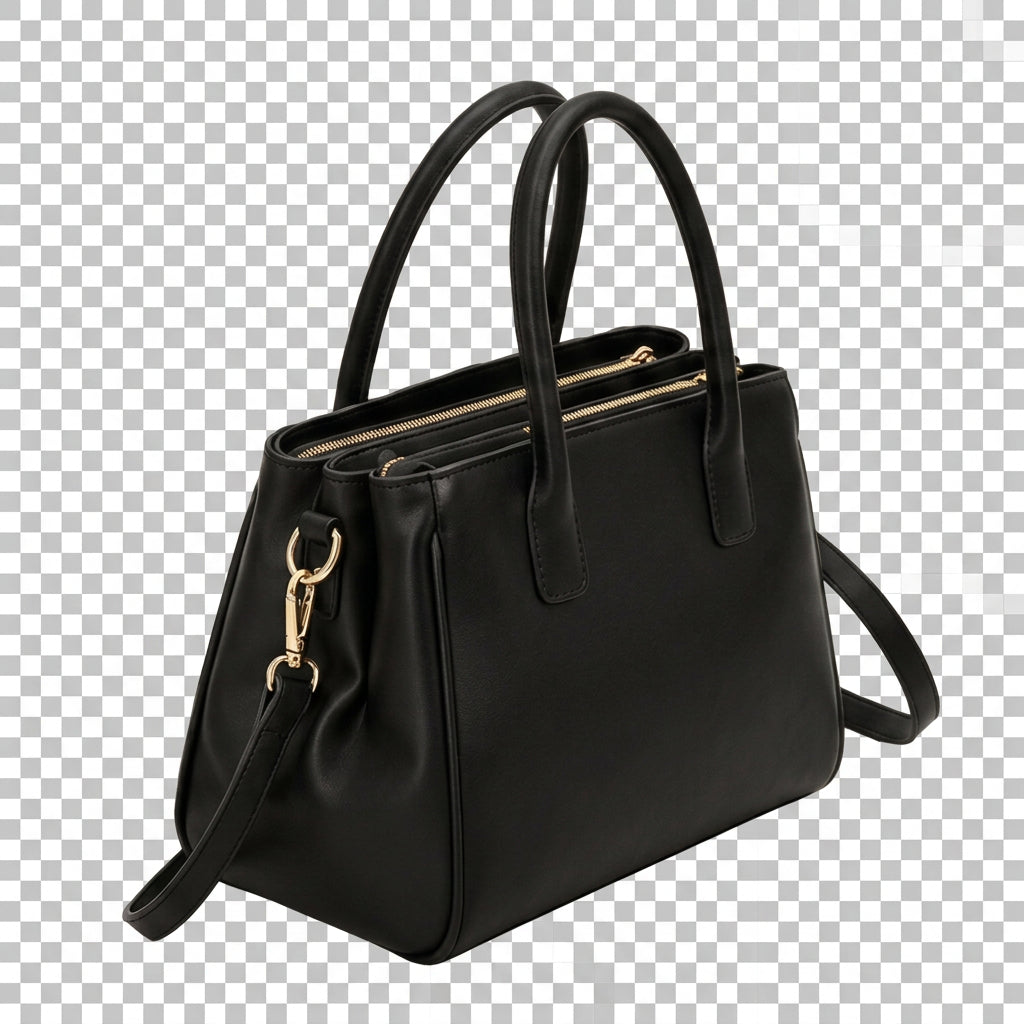 Roma black pebbled leather tote, three-quarter view showing gold zippers and the detachable crossbody strap