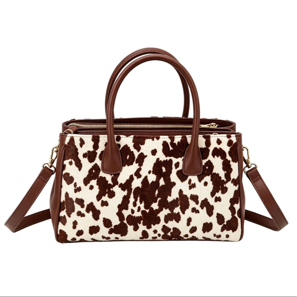 Vitale by Myriad Roma tote in brown cow hair-on-hide leather with brown Nappa leather trim