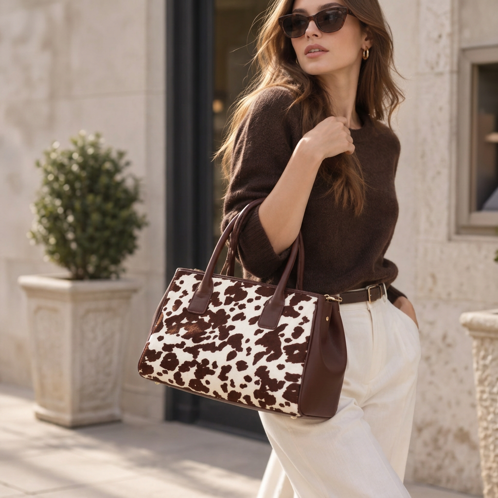 Woman in a brown sweater carrying the Roma brown cow hair-on-hide tote