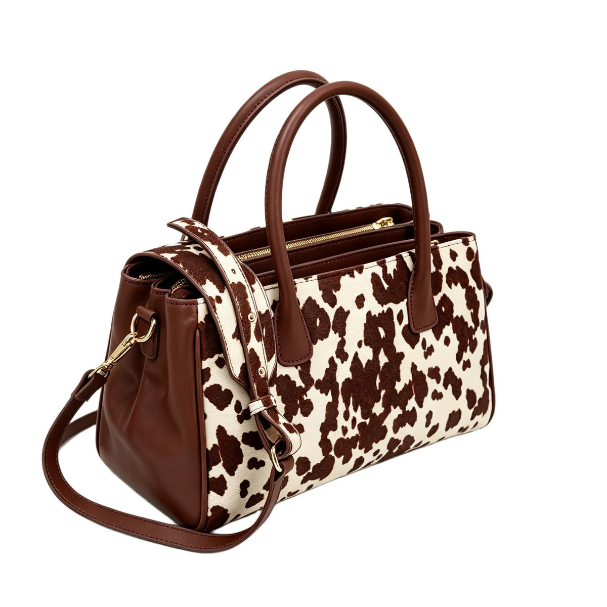 Roma brown cow hair-on-hide tote, three-quarter view with the detachable crossbody strap