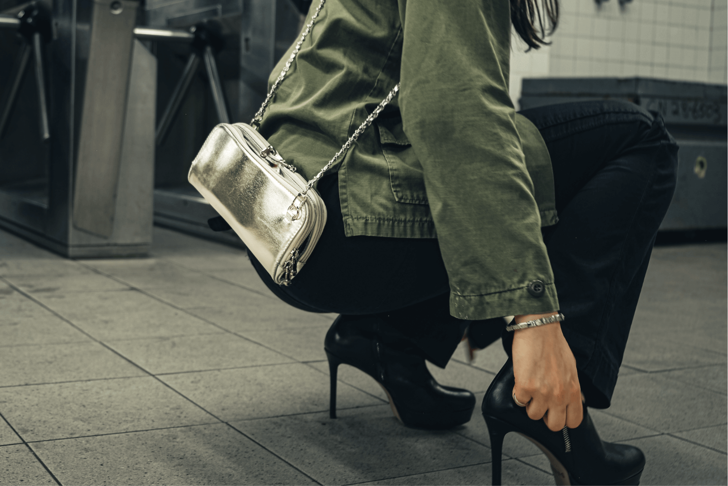 Vitale by Myriad silver crossbody bag lifestyle shot - vegan leather handbag with organized compartments