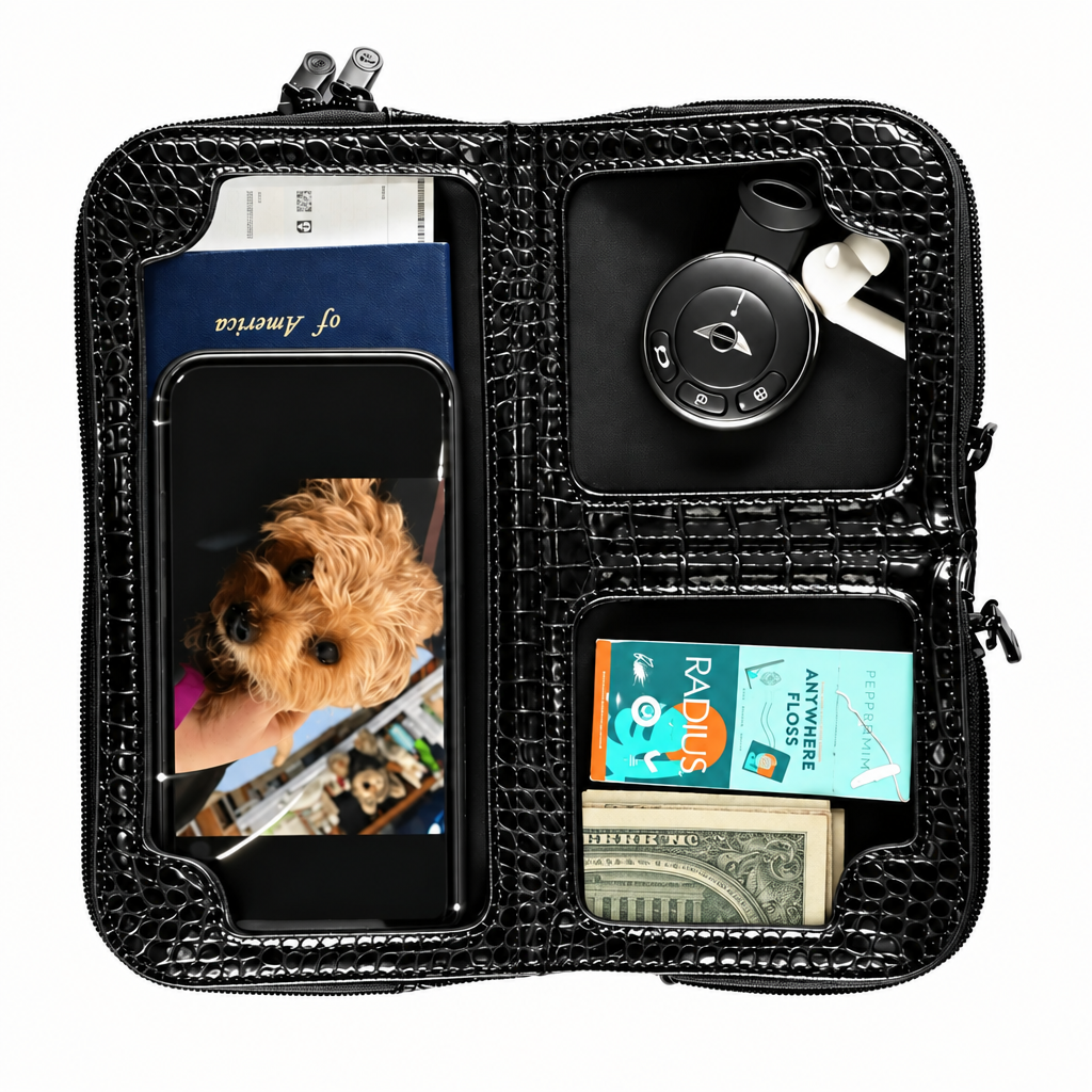 Vitale by Myriad snake print crossbody bag open showing organized compartments - vegan leather with personal items