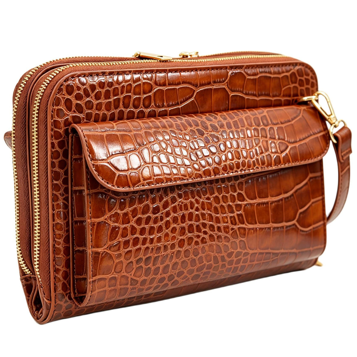 Vallina cognac croc-embossed crossbody, three-quarter view of the front flap pocket and gold hardware