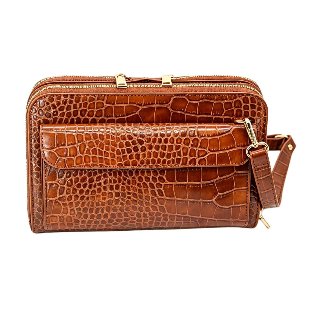 Vitale by Myriad Vallina croc-embossed crossbody in cognac, front view with flap pocket and detachable strap