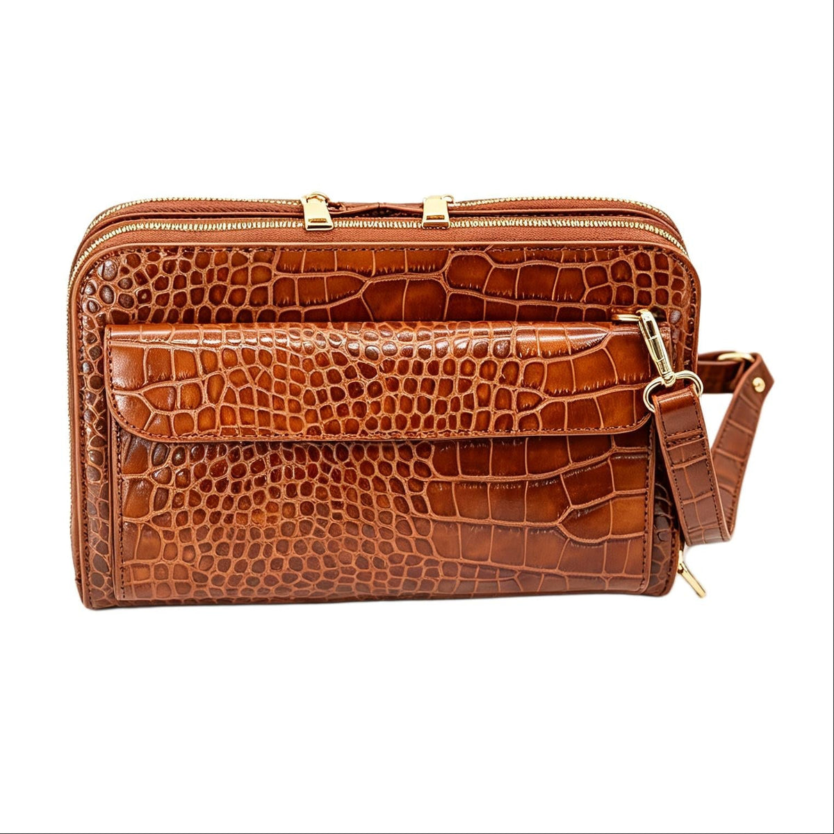 Vitale by Myriad Vallina croc-embossed crossbody in cognac, front view with flap pocket and detachable strap