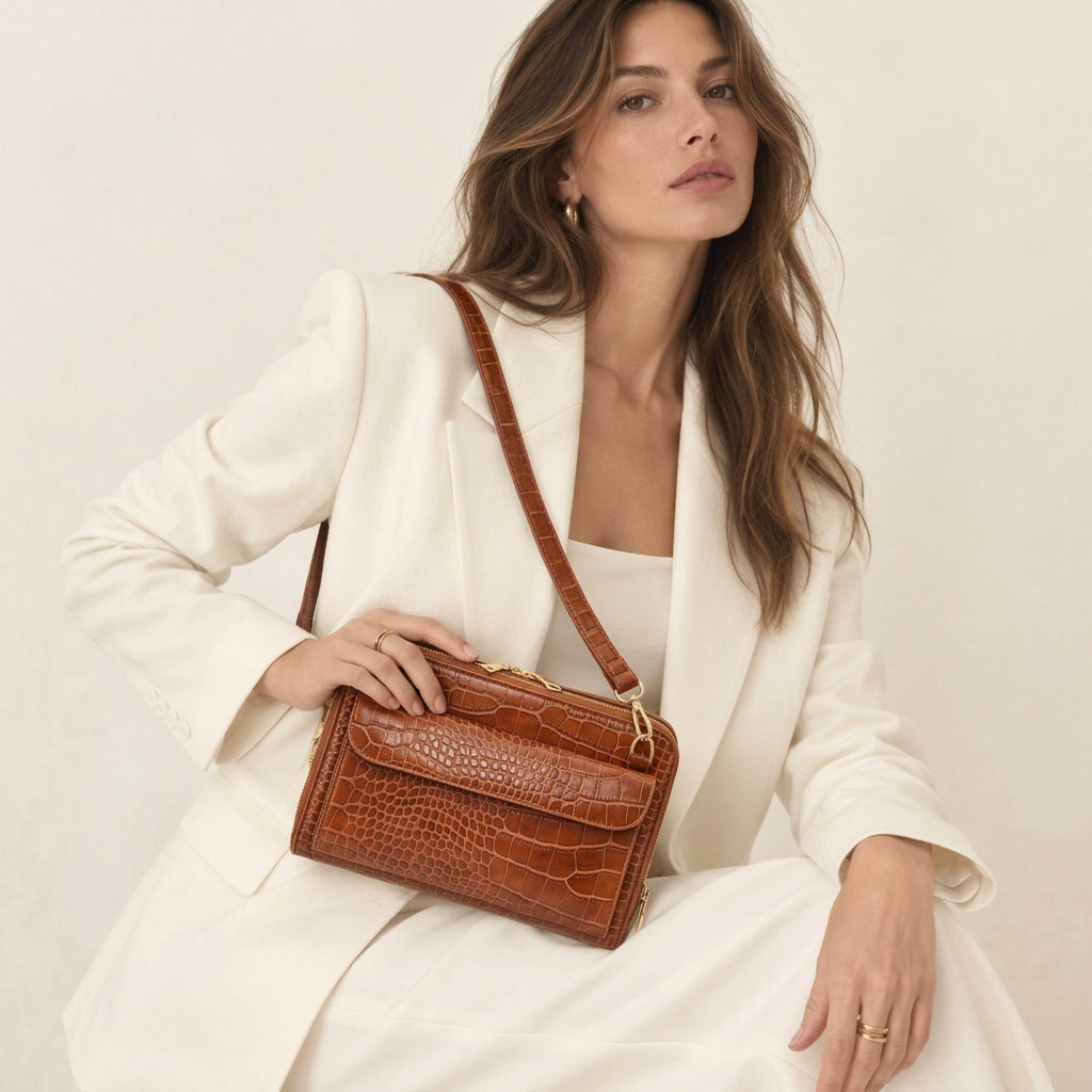 Woman in a cream blazer holding the Vallina croc-embossed crossbody in cognac on her shoulder