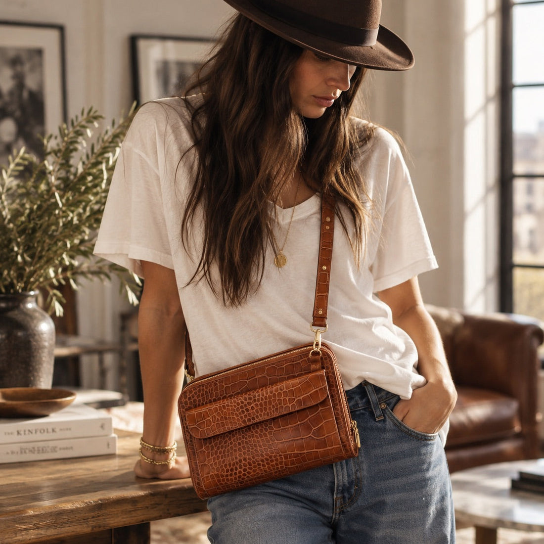 Vitale by Myriad Vallina croc-embossed crossbody in cognac, front view with flap pocket and detachable strap
