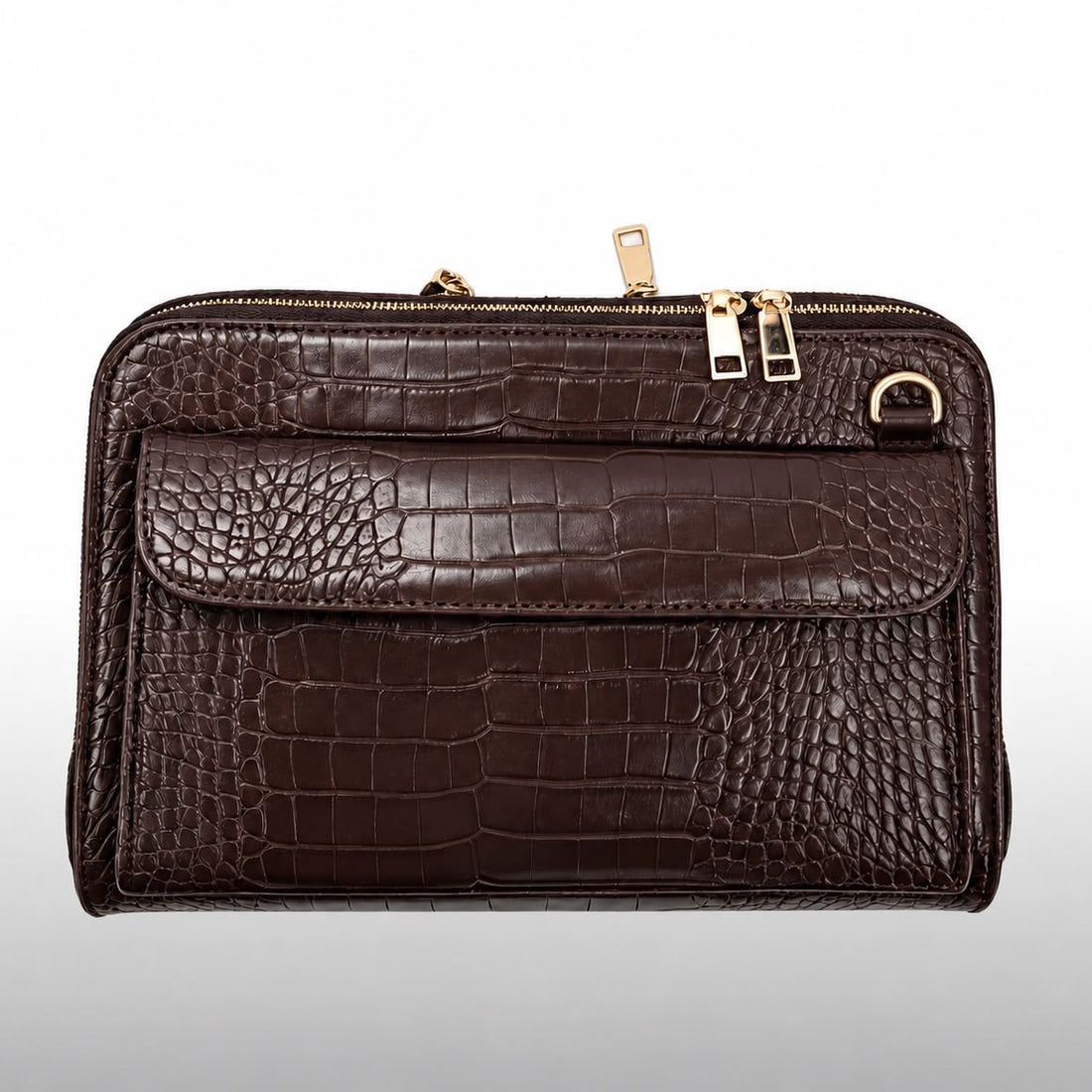Vitale by Myriad Vallina croc-embossed crossbody in mocha, front view with flap pocket