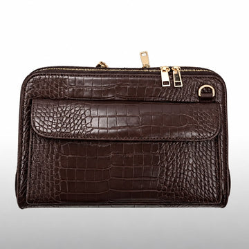 Vitale by Myriad Vallina croc-embossed crossbody in mocha, front view with flap pocket