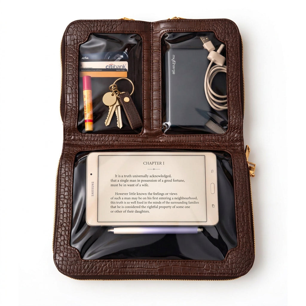 Vallina mocha crossbody open flat showing a tablet, keys, lip balm and a power bank in its compartments