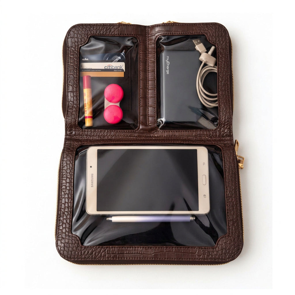 Vallina mocha crossbody open flat with a phone in the clear pocket and small essentials organized above