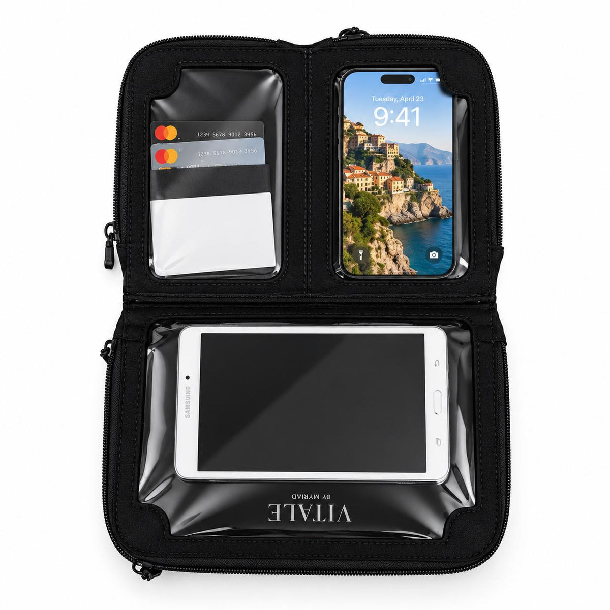 Vitale by Myriad Vallina black neoprene crossbody open flat with a phone, cards and a tablet in clear pockets