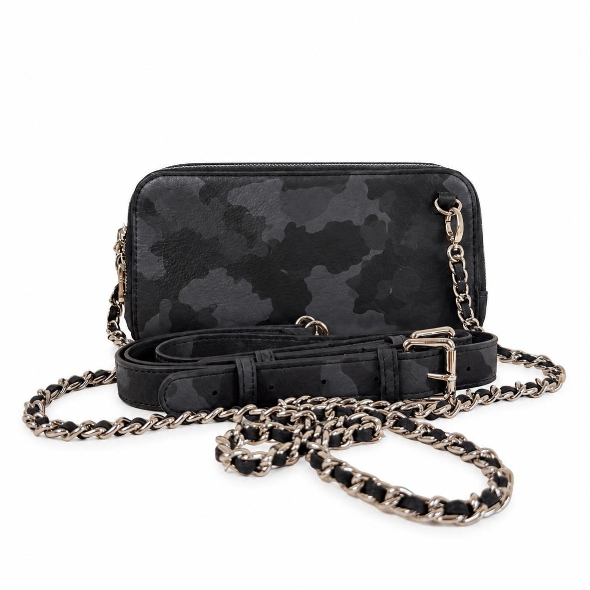 Zeloso Black Camo leather clutch with its leather crossbody strap and leather-woven chain strap, Vitale + House of Alimena