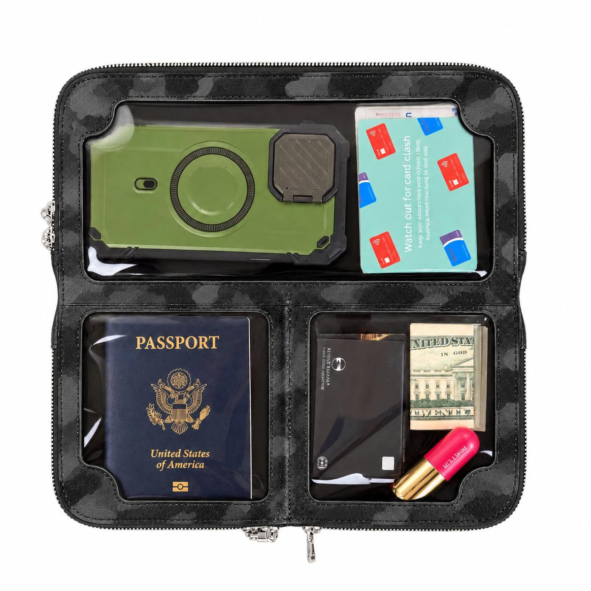 Zeloso Black Camo leather clutch open flat with a phone, passport, cards and cash in its compartments