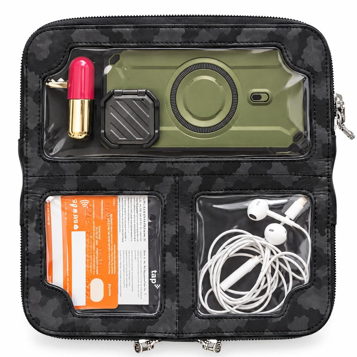 Zeloso Black Camo leather clutch open flat, phone in the touchscreen window, lip balm, cards and earbuds in its compartments