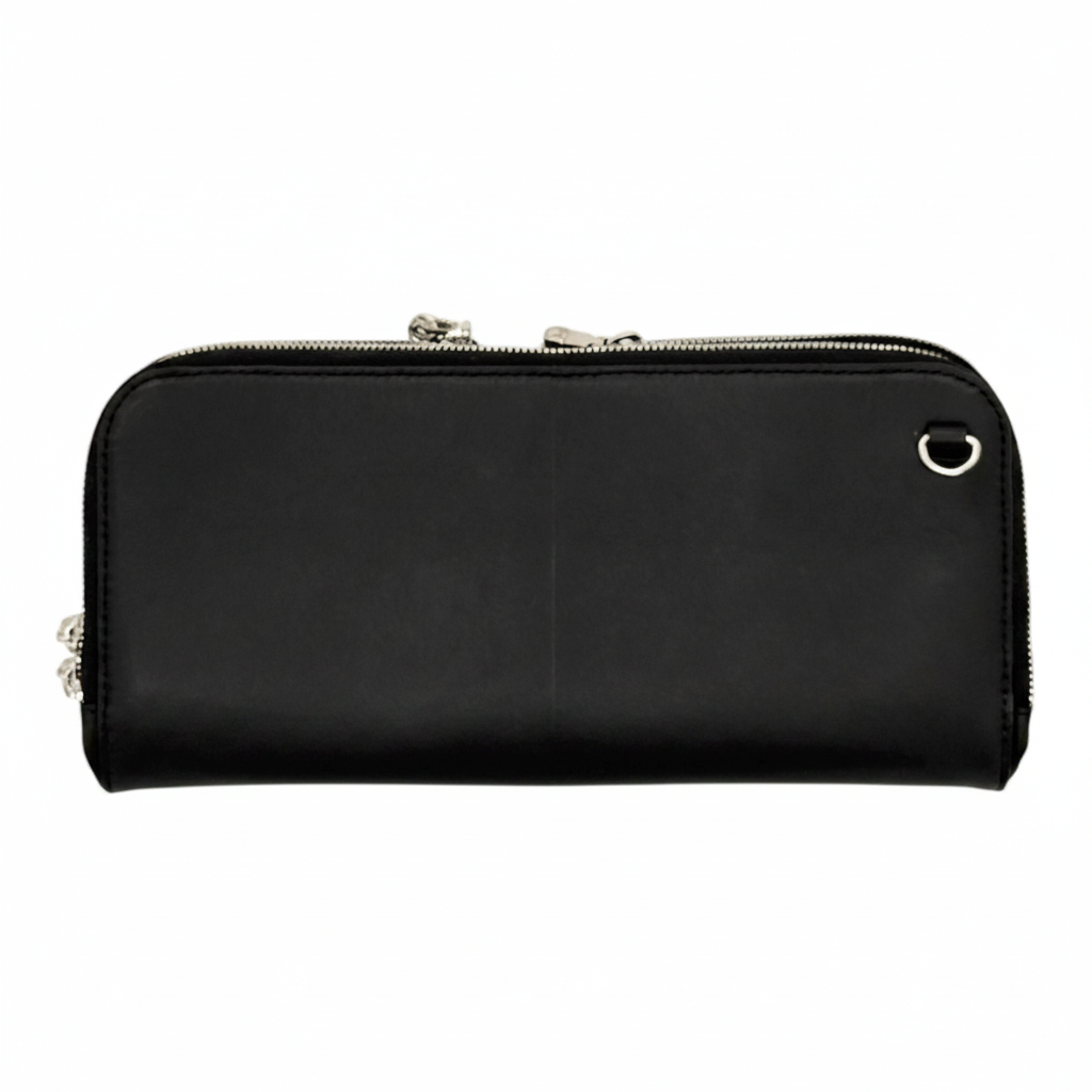 Zeloso Black Halo leather clutch, front view, Vitale + House of Alimena