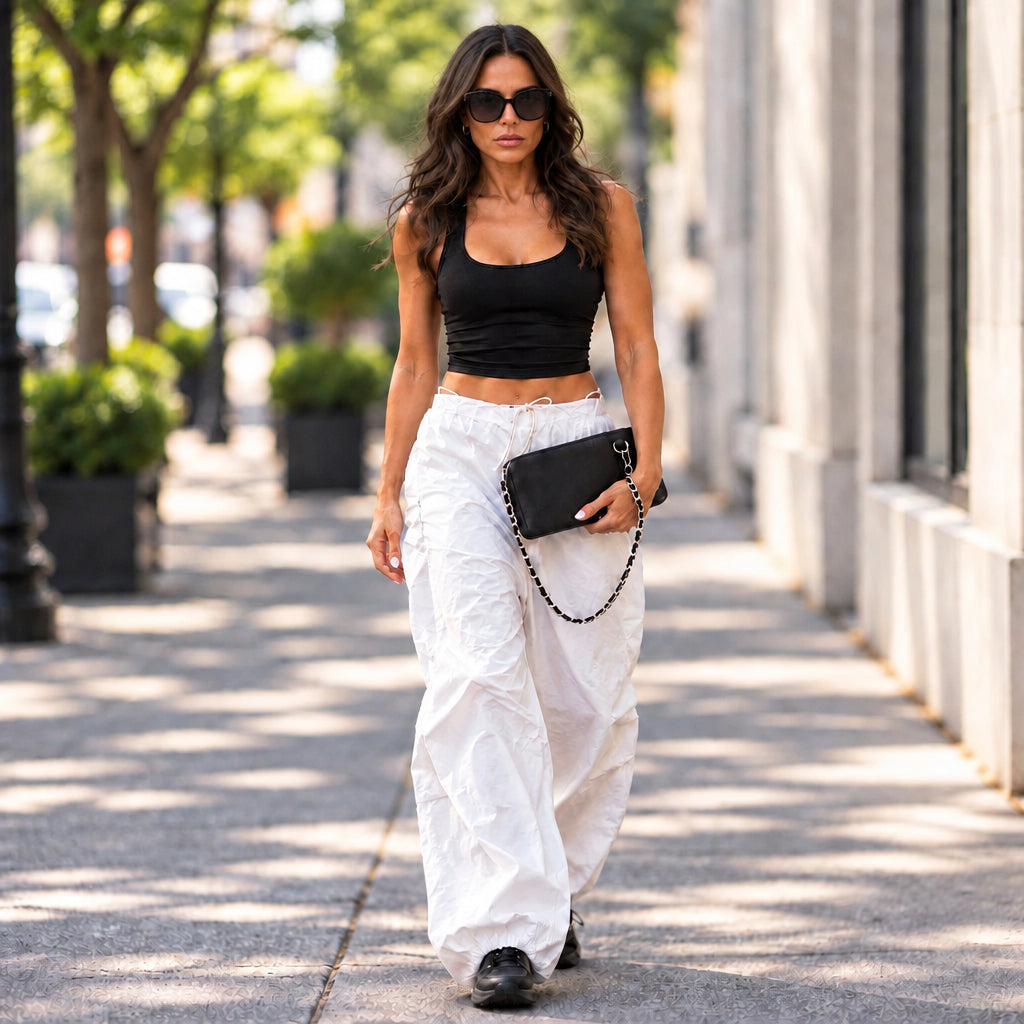 Woman in a black top and white cargo pants carrying the Zeloso Black Halo leather clutch on its chain strap