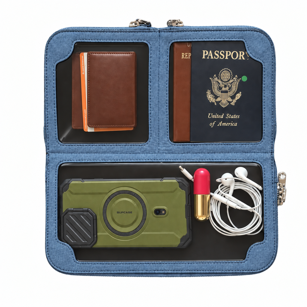 Zeloso Denim leather clutch open flat with a wallet, passport, phone and earbuds in its compartments