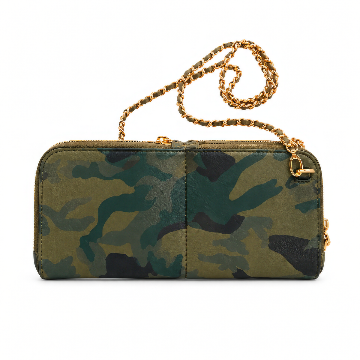 Zeloso Green Camo leather clutch with its leather-woven chain strap, Vitale + House of Alimena