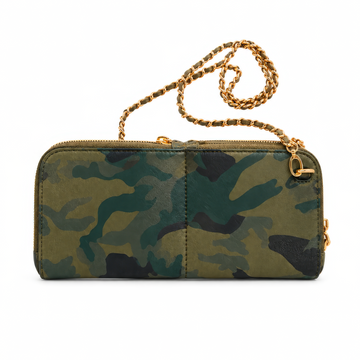 Zeloso Green Camo leather clutch with its leather-woven chain strap, Vitale + House of Alimena