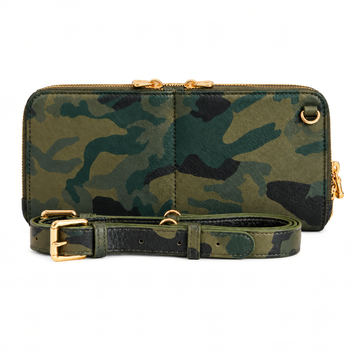 Zeloso Green Camo leather clutch with its detachable leather crossbody strap