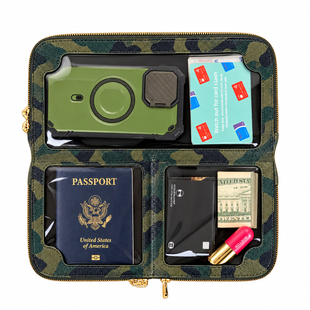 Zeloso Green Camo leather clutch open flat with a phone, passport, cards and cash in its compartments