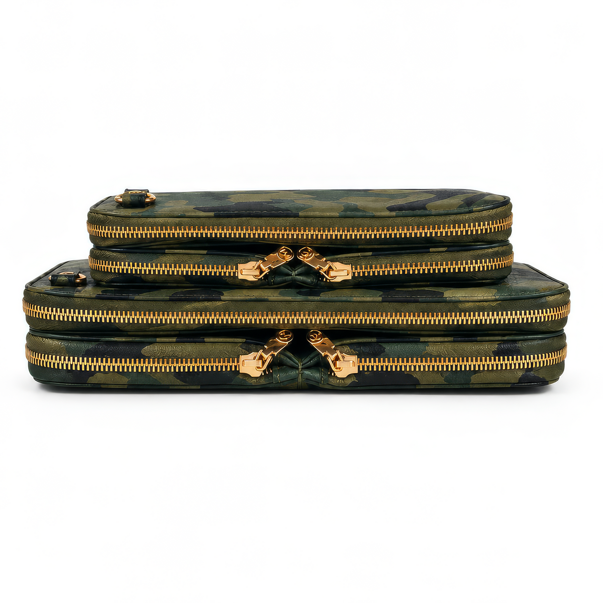 Zeloso Green Camo leather clutches in two sizes, 11 x 11 and 9 x 9, stacked